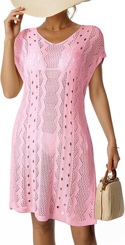 Dokotoo Women's Crochet Cover Up Swimwear Beachwear Scoop Neck Short Sleeve Mini Dress Beach Dress Crochet Coverups for Women in Saudi Arabia
