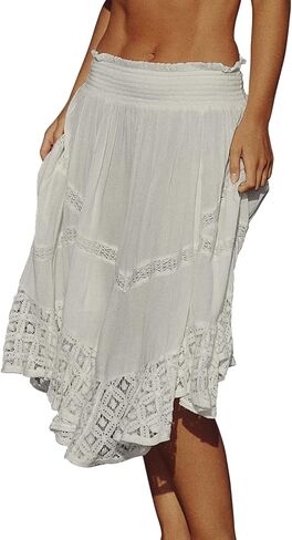 Women Midi Skirt Casual Elastic Waist Lace Tiered Asymmetrical Embroidery Flowy Summer Boho Beach Long Skirts in Saudi Arabia