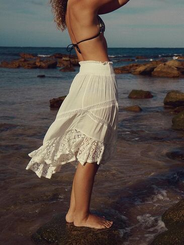 Women Midi Skirt Casual Elastic Waist Lace Tiered Asymmetrical Embroidery Flowy Summer Boho Beach Long Skirts in Saudi Arabia