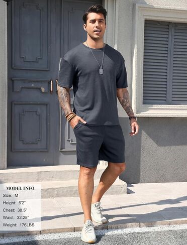 VSSJAVUN MANS Shorts Sets 2 omfits Waffle Knit Lounge مجموعة قصيرة الأكمام الصيفية. in Kuwait