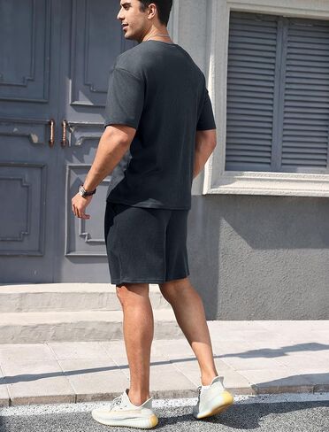 VSSJAVUN MANS Shorts Sets 2 omfits Waffle Knit Lounge مجموعة قصيرة الأكمام الصيفية. in Kuwait