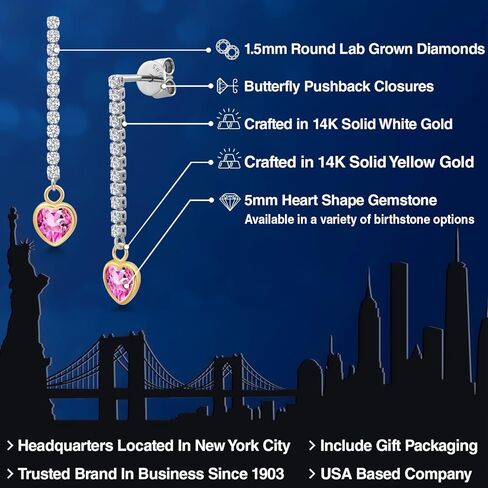 GEM Stone King 14k Two Tine Gold Gemstone Birthstone and Lab Grown Diamond Long Lond chain arocrings for Women | شكل قلب 5 ملم وجولة 1.5 ملم لهجات | أقراط السلسلة الذهبية in Saudi Arabia