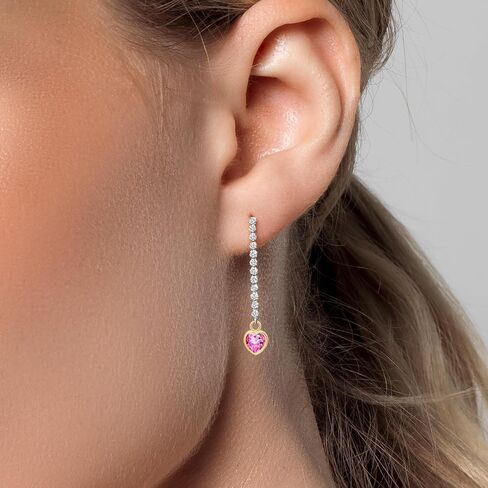 GEM Stone King 14k Two Tine Gold Gemstone Birthstone and Lab Grown Diamond Long Lond chain arocrings for Women | شكل قلب 5 ملم وجولة 1.5 ملم لهجات | أقراط السلسلة الذهبية in Saudi Arabia