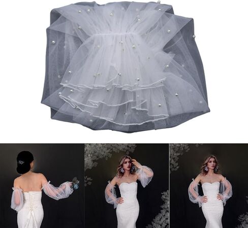 Muloo Detachable Arm Sleeves with Pearl Bride Wedding Arm Cover Decorate Ruffle Sleeve for Bridal Accessories Arm Gloves, Approx. 65cm/ 25.59in, White in Saudi Arabia