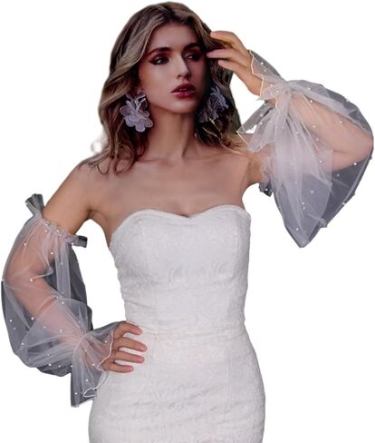 Muloo Detachable Arm Sleeves with Pearl Bride Wedding Arm Cover Decorate Ruffle Sleeve for Bridal Accessories Arm Gloves, Approx. 65cm/ 25.59in, White in Saudi Arabia