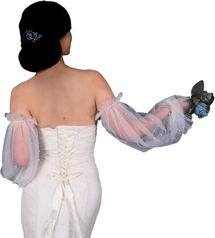 Muloo Detachable Arm Sleeves with Pearl Bride Wedding Arm Cover Decorate Ruffle Sleeve for Bridal Accessories Arm Gloves, Approx. 65cm/ 25.59in, White in Saudi Arabia
