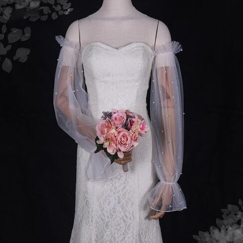 Muloo Detachable Arm Sleeves with Pearl Bride Wedding Arm Cover Decorate Ruffle Sleeve for Bridal Accessories Arm Gloves, Approx. 65cm/ 25.59in, White in Saudi Arabia