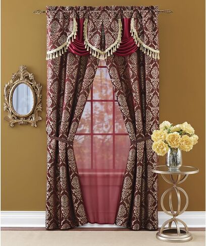 Montgomery Ward Alicia Window Set - Elegant Curtains, Panel, Tie Backs, Braided Valance, Burgundy/Gold in Saudi Arabia