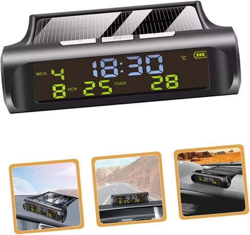 Amosfun Car Digital Clock Thermeter درجة حرارة تعمل بالطاقة الشمسية للوحة معلومات السيارة من السهل قراءة تاريخ درجة حرارة العرض ملحقًا أساسيًا للسيارة in Saudi Arabia