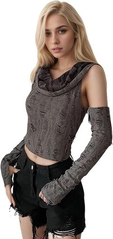 Women Dune Costume Outfit Hooded Crop Tops with Arm Warmer Ripped Knit Funnel Neck Goth Y2K Streetwear in Saudi Arabia