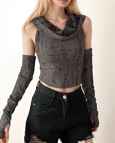 Women Dune Costume Outfit Hooded Crop Tops with Arm Warmer Ripped Knit Funnel Neck Goth Y2K Streetwear in Saudi Arabia