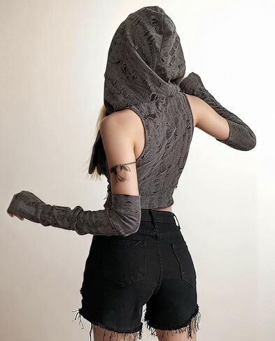 Women Dune Costume Outfit Hooded Crop Tops with Arm Warmer Ripped Knit Funnel Neck Goth Y2K Streetwear in Saudi Arabia