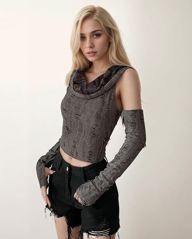 Women Dune Costume Outfit Hooded Crop Tops with Arm Warmer Ripped Knit Funnel Neck Goth Y2K Streetwear in Saudi Arabia