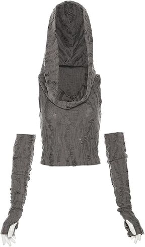 Women Dune Costume Outfit Hooded Crop Tops with Arm Warmer Ripped Knit Funnel Neck Goth Y2K Streetwear in Saudi Arabia