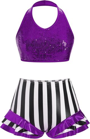 Afavom Women Trapeze Artist Circus Acrobat Costume Sparkle Sequin Bra Top + Striped Shorts Stage Performan in Saudi Arabia