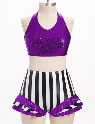 Afavom Women Trapeze Artist Circus Acrobat Costume Sparkle Sequin Bra Top + Striped Shorts Stage Performan in Saudi Arabia