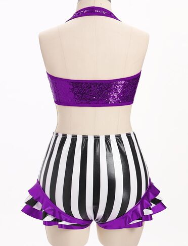 Afavom Women Trapeze Artist Circus Acrobat Costume Sparkle Sequin Bra Top + Striped Shorts Stage Performan in Saudi Arabia