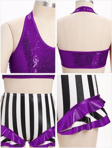 Afavom Women Trapeze Artist Circus Acrobat Costume Sparkle Sequin Bra Top + Striped Shorts Stage Performan in Saudi Arabia