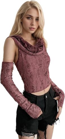 Women Dune Costume Outfit Hooded Crop Tops with Arm Warmer Ripped Knit Funnel Neck Goth Y2K Streetwear in Saudi Arabia