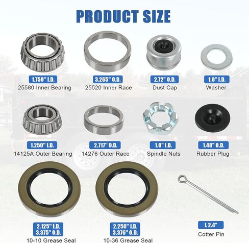 4 Sets 25580 14125A Boat Trailer Axle Bearings Kit, 22333TB/10-36 Grease Seals, 2.72'' Dust Caps Spindle Nuts Cotter Pins Washers for 5200-7000 lbs Tandem Axles #D42 Spindle in Kuwait