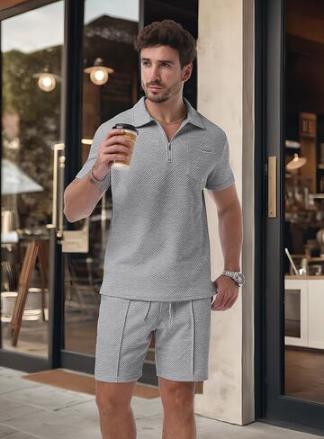 Askdeer Mens Short Sets 2 Piece Summer Track Suits Short Sleeve Sweatsuit Outfits 1/4 Zip Golf Polo Shirts Loungewear in Saudi Arabia