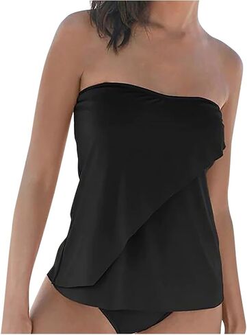 Women's Two Piece Set Swimsuits Could Shoulder Tube Tops with Bikini Shorts Bathing Suits Solid Swimwear Beachwear in Kuwait