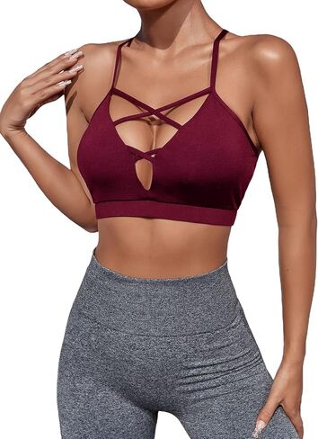 Milumia Women Criss Cross Low Cut Sports Bra Contrast Fishnet Padded Workout Bras Dark Red Medium in Saudi Arabia