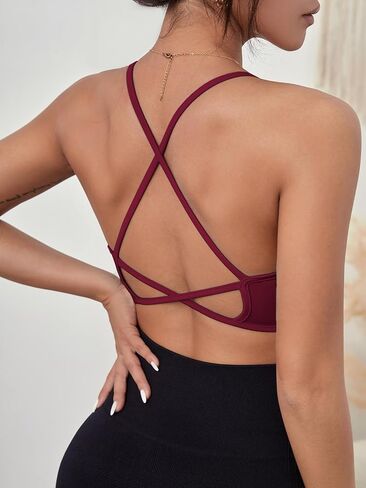 Milumia Women Criss Cross Low Cut Sports Bra Contrast Fishnet Padded Workout Bras Dark Red Medium in Saudi Arabia