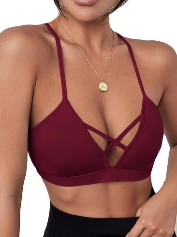 Milumia Women Criss Cross Low Cut Sports Bra Contrast Fishnet Padded Workout Bras Dark Red Medium in Saudi Arabia