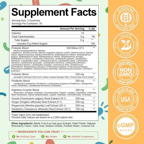 Sugar Free 5-in-1 Probiotic Prebiotic Postbiotic Gummy, Probiotics for Women Men with Digestive Enzymes, Peppermint, Complete Immune, Gut & Digestive Support, Vegan, 60 Cts, Strawberry Flavor in Kuwait
