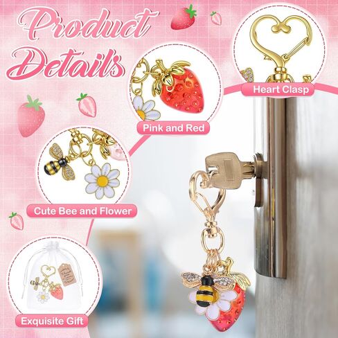8 Pcs Strawberry Keychain Bulk Party Favor Gifts Strawberry Heart Charms Cheery Flower Daisy Key Chains Cute Bee for Purse Handbag Guests Women Cute Bag Wallet Purse Charms Party Supply in Saudi Arabia