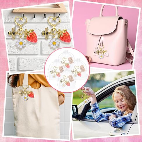 8 Pcs Strawberry Keychain Bulk Party Favor Gifts Strawberry Heart Charms Cheery Flower Daisy Key Chains Cute Bee for Purse Handbag Guests Women Cute Bag Wallet Purse Charms Party Supply in Saudi Arabia