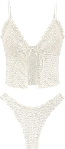 seamoly Women's Tankini Sets Tie Front Ruffle Bikini Set High Cut Thong Two Piece Swimsuit Floral Gingham Bathing Suit in Kuwait