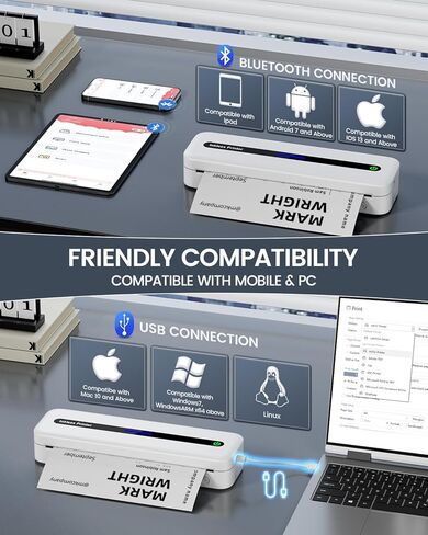 طابعات ASprink M832 المحمولة اللاسلكية للسفر - طابعة حرارية بدون حبر 300 نقطة في البوصة للاستخدام المنزلي - طابعة بلوتوث صغيرة، طابعة محمولة مدمجة، متوافقة مع iOS وAndroid والكمبيوتر المحمول - أسود in Kuwait