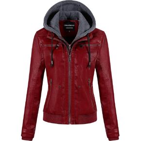 CREATMO US Women's Faux Leather Jacket Waterproof Motorcycle Bomber Jacket Vintage PU Moto Biker Coat With Removable Hood in Kuwait