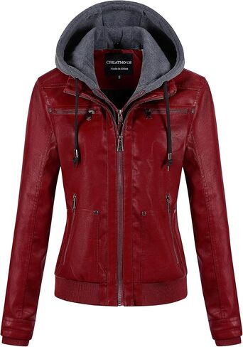 CREATMO US Women's Faux Leather Jacket Waterproof Motorcycle Bomber Jacket Vintage PU Moto Biker Coat With Removable Hood in Kuwait