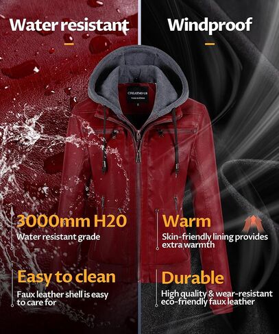 CREATMO US Women's Faux Leather Jacket Waterproof Motorcycle Bomber Jacket Vintage PU Moto Biker Coat With Removable Hood in Kuwait