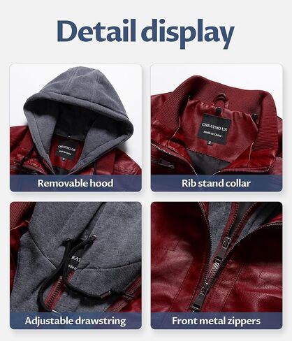 CREATMO US Women's Faux Leather Jacket Waterproof Motorcycle Bomber Jacket Vintage PU Moto Biker Coat With Removable Hood in Kuwait