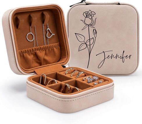 Custom Leather Customized Jewelry Organizer Box w/Name & Birth Flower Month - Birthday Gifts for Women, Mom Personalized Jewelry Travel Case - Beige in Kuwait