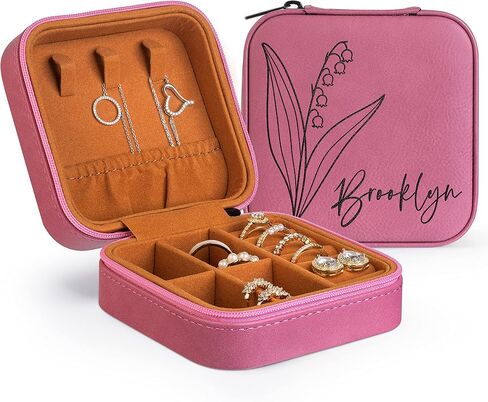 Custom Leather Customized Jewelry Organizer Box w/Name & Birth Flower Month - Birthday Gifts for Women, Mom Personalized Jewelry Travel Case - Beige in Kuwait