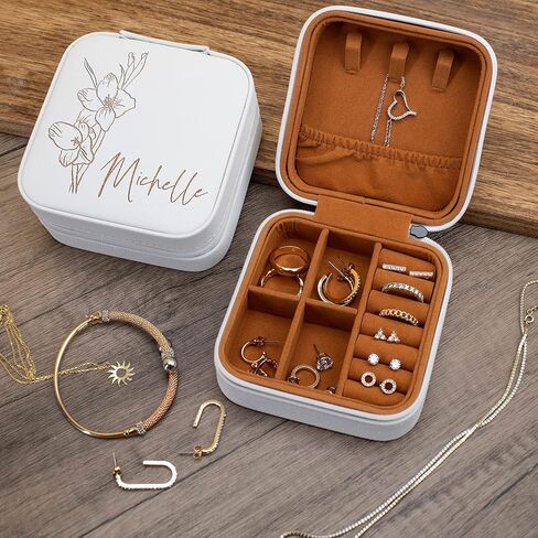 Custom Leather Customized Jewelry Organizer Box w/Name & Birth Flower Month - Birthday Gifts for Women, Mom Personalized Jewelry Travel Case - Beige in Kuwait