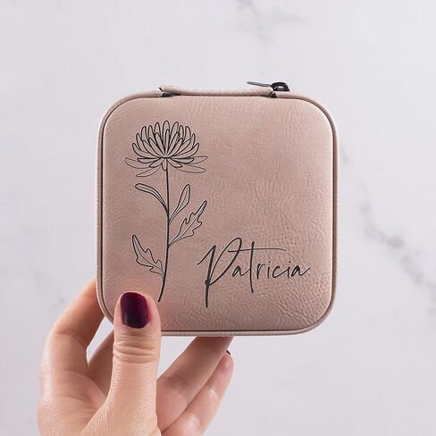 Custom Leather Customized Jewelry Organizer Box w/Name & Birth Flower Month - Birthday Gifts for Women, Mom Personalized Jewelry Travel Case - Beige in Kuwait