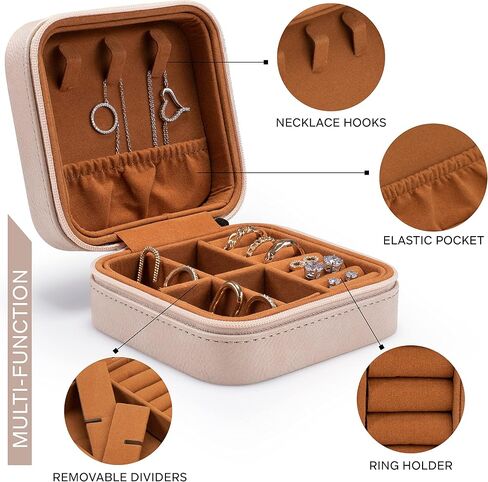 Custom Leather Customized Jewelry Organizer Box w/Name & Birth Flower Month - Birthday Gifts for Women, Mom Personalized Jewelry Travel Case - Beige in Kuwait