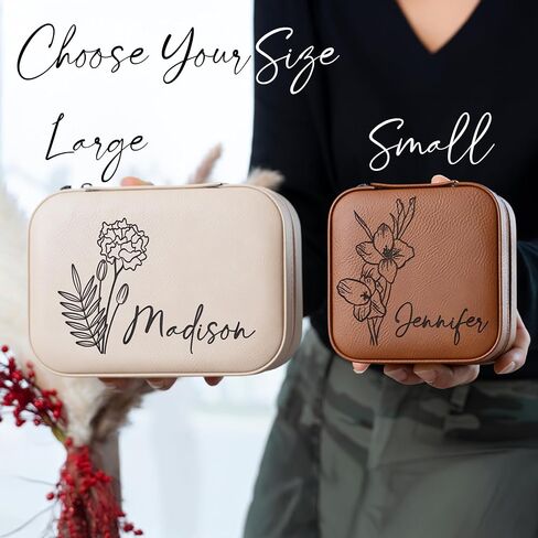 Custom Leather Customized Jewelry Organizer Box w/Name & Birth Flower Month - Birthday Gifts for Women, Mom Personalized Jewelry Travel Case - Beige in Kuwait