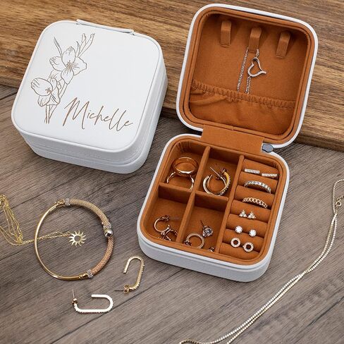 Custom Leather Customized Jewelry Organizer Box w/Name & Birth Flower Month - Birthday Gifts for Women, Mom Personalized Jewelry Travel Case - Beige in Kuwait