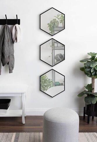 Kate and Laurel Rhodes Modern Hexagon Wall Mirror Set, 3 Pieces Black, Chic Geometric Mirror for Wall in Saudi Arabia