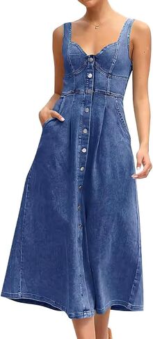 utcoco Denim Dress for Women Sleeveless Button Down Slim Fit Midi Jean Dresses for Women 2025 in Saudi Arabia