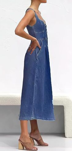utcoco Denim Dress for Women Sleeveless Button Down Slim Fit Midi Jean Dresses for Women 2025 in Saudi Arabia