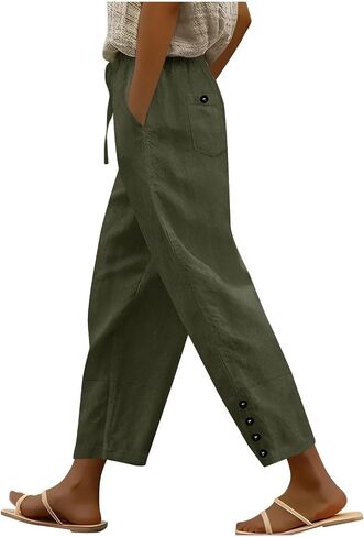 Elastic Waist Linen Pants for Women Summer Comfy Straight Leg Pants Solid Boho Baggy Casual Beach Pants with Pockets in Saudi Arabia