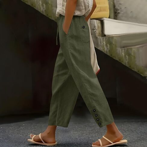 Elastic Waist Linen Pants for Women Summer Comfy Straight Leg Pants Solid Boho Baggy Casual Beach Pants with Pockets in Saudi Arabia